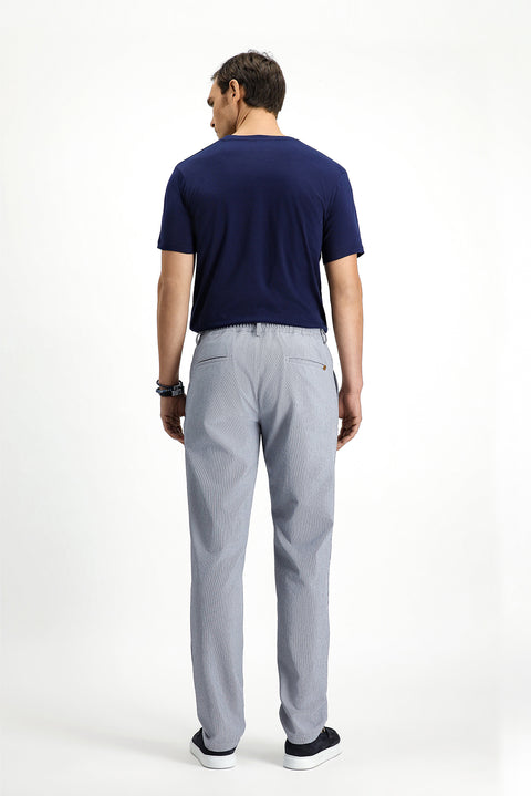 Orta Gri 6 Drop Regular Fit Standart Kesim Beli Lastikli İpli Çizgili Gofre Pileli Klasik Kumaş Pantolon