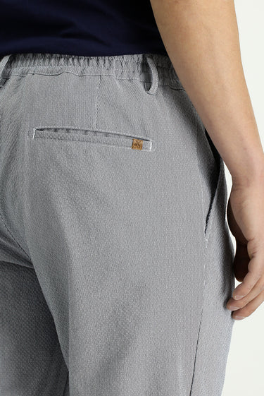 Orta Gri Regular Fit Beli Lastikli İpli Çizgili Gofre Pileli Klasik Kumaş Pantolon