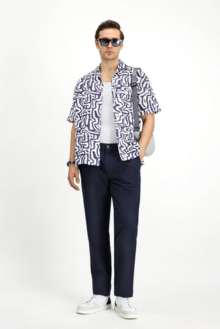  Orta Lacivert Regular Fit Beli Lastikli İpli Çizgili Gofre Pileli Klasik Kumaş Pantolon