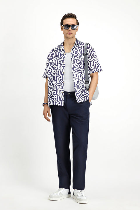 Orta Lacivert 6 Drop Regular Fit Standart Kesim Beli Lastikli İpli Çizgili Gofre Pileli Klasik Kumaş Pantolon