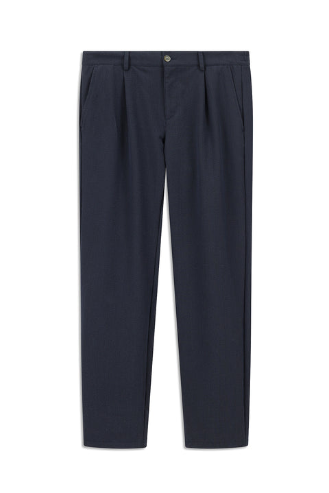 Orta Lacivert 6 Drop Regular Fit Standart Kesim Beli Lastikli İpli Çizgili Gofre Pileli Klasik Kumaş Pantolon