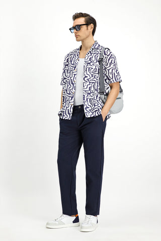  Orta Lacivert Regular Fit Beli Lastikli İpli Çizgili Gofre Pileli Klasik Kumaş Pantolon