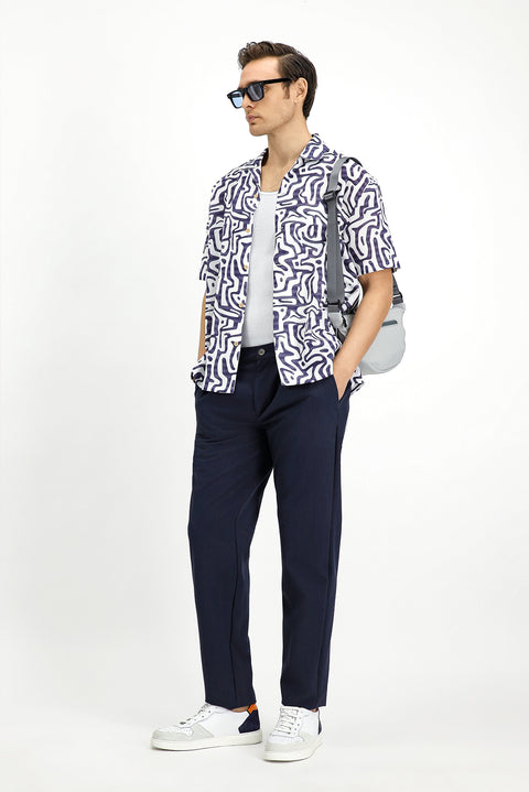 Orta Lacivert 6 Drop Regular Fit Standart Kesim Beli Lastikli İpli Çizgili Gofre Pileli Klasik Kumaş Pantolon