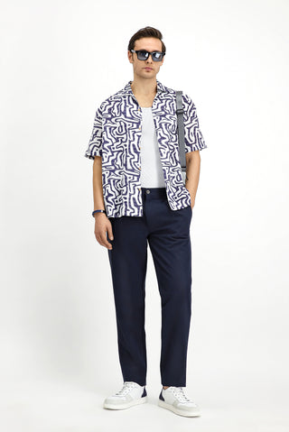  Orta Lacivert Regular Fit Beli Lastikli İpli Çizgili Gofre Pileli Klasik Kumaş Pantolon