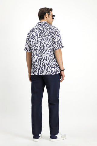  Orta Lacivert Regular Fit Beli Lastikli İpli Çizgili Gofre Pileli Klasik Kumaş Pantolon