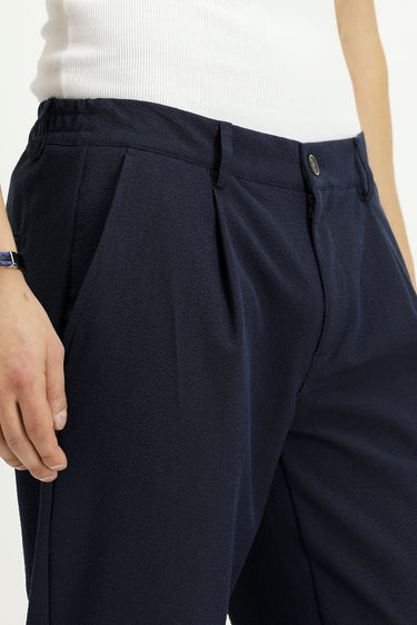 Orta Lacivert Regular Fit Beli Lastikli İpli Çizgili Gofre Pileli Klasik Kumaş Pantolon