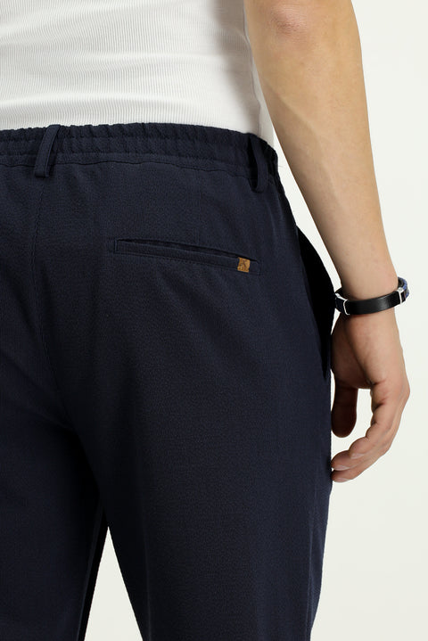 Orta Lacivert 6 Drop Regular Fit Standart Kesim Beli Lastikli İpli Çizgili Gofre Pileli Klasik Kumaş Pantolon