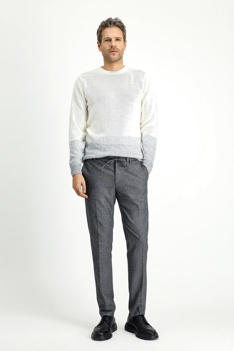 Koyu Füme 7 Drop Super Slim Fit Eksra Dar Kesim Beli Lastikli İpli Desenli Likralı Klasik Kumaş Pantolon