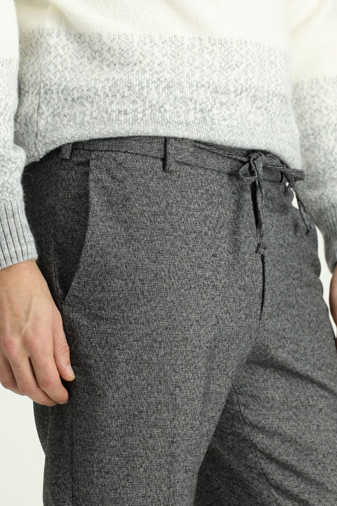 Koyu Füme 7 Drop Super Slim Fit Eksra Dar Kesim Beli Lastikli İpli Desenli Likralı Klasik Kumaş Pantolon