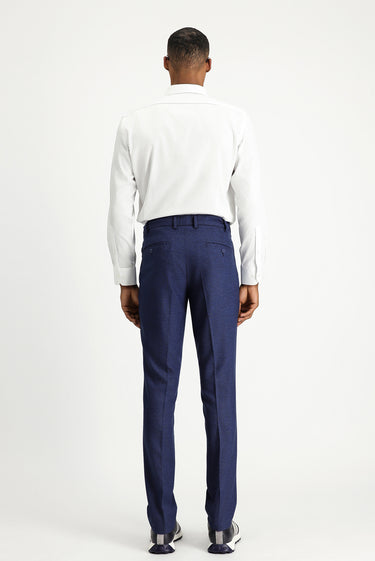 Orta Lacivert Super Slim Fit Ekstra Dar Kesim Beli Lastikli İpli Desenli Likralı Klasik Kumaş Pantolon