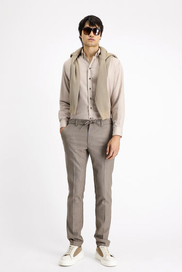 Açık Kahve  Super Slim Fit Ekstra Dar Kesim Beli Lastikli İpli Desenli Likralı Klasik Kumaş Pantolon