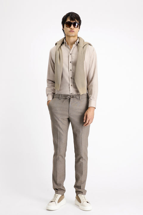 Açık Kahve  7 Drop Super Slim Fit Eksra Dar Kesim Beli Lastikli İpli Desenli Likralı Klasik Kumaş Pantolon