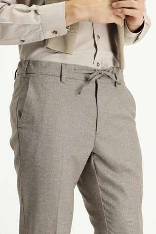  Açık Kahve  Super Slim Fit Ekstra Dar Kesim Beli Lastikli İpli Desenli Likralı Klasik Kumaş Pantolon