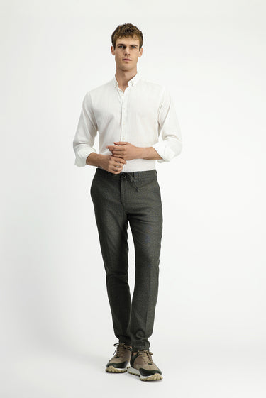 Orta Haki Super Slim Fit Ekstra Dar Kesim Beli Lastikli İpli Desenli Likralı Klasik Kumaş Pantolon