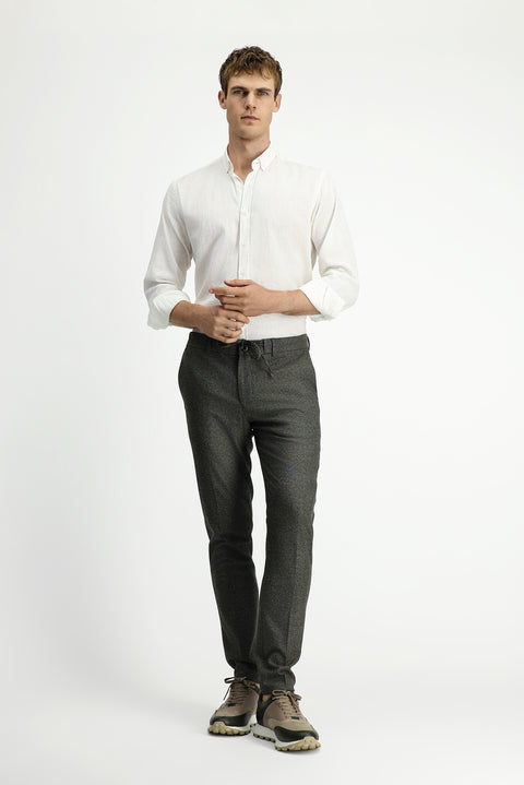 Orta Haki 7 Drop Super Slim Fit Eksra Dar Kesim Beli Lastikli İpli Desenli Likralı Klasik Kumaş Pantolon