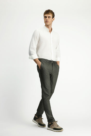 Orta Haki Super Slim Fit Ekstra Dar Kesim Beli Lastikli İpli Desenli Likralı Klasik Kumaş Pantolon