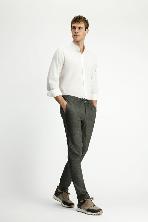 Orta Haki 7 Drop Super Slim Fit Eksra Dar Kesim Beli Lastikli İpli Desenli Likralı Klasik Kumaş Pantolon