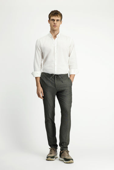 Orta Haki Super Slim Fit Ekstra Dar Kesim Beli Lastikli İpli Desenli Likralı Klasik Kumaş Pantolon