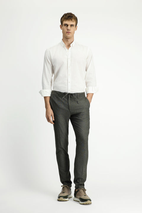 Orta Haki 7 Drop Super Slim Fit Eksra Dar Kesim Beli Lastikli İpli Desenli Likralı Klasik Kumaş Pantolon