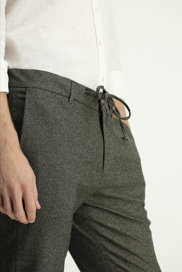 Orta Haki Super Slim Fit Ekstra Dar Kesim Beli Lastikli İpli Desenli Likralı Klasik Kumaş Pantolon