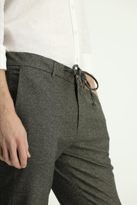 Orta Haki 7 Drop Super Slim Fit Eksra Dar Kesim Beli Lastikli İpli Desenli Likralı Klasik Kumaş Pantolon