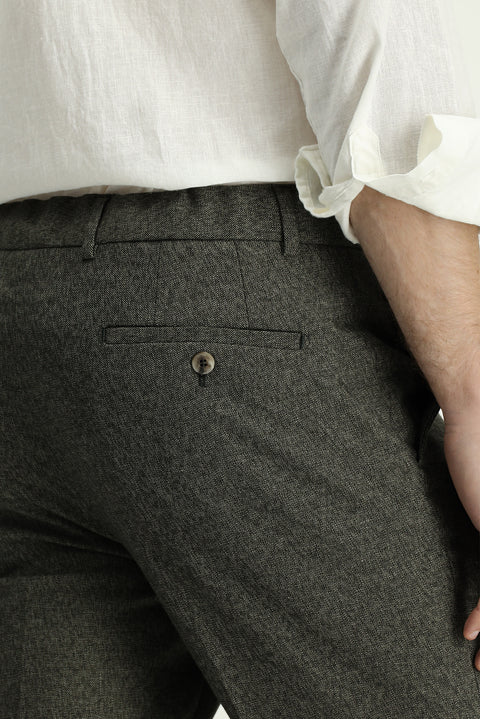 Orta Haki 7 Drop Super Slim Fit Eksra Dar Kesim Beli Lastikli İpli Desenli Likralı Klasik Kumaş Pantolon