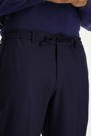  Koyu Lacivert Super Slim Fit Ekstra Dar Kesim Likralı Beli Lastikli İpli Klasik Kumaş Pantolon