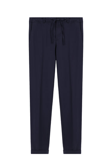Koyu Lacivert Super Slim Fit Ekstra Dar Kesim Likralı Beli Lastikli İpli Klasik Kumaş Pantolon