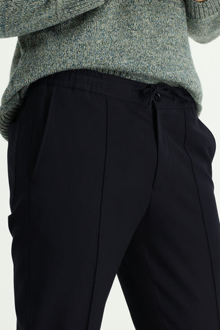  Koyu Lacivert Slim Fit Dar Kesim Beli Lastikli İpli Likralı Klasik Pantolon