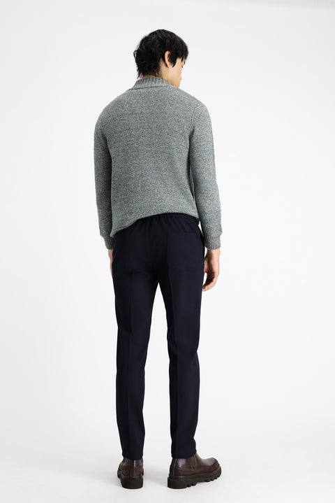 Koyu Lacivert 7 Drop Slim Fit Dar Kesim Beli Lastikli İpli Likralı Klasik Pantolon