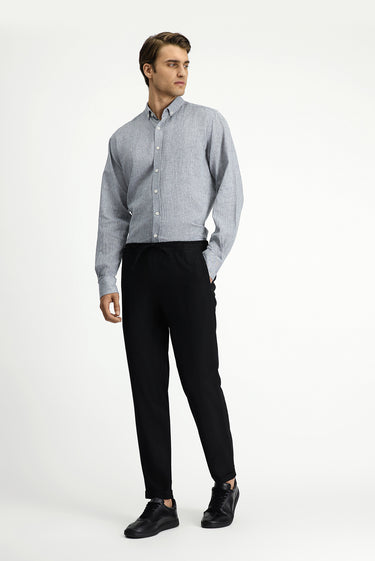 Siyah Slim Fit Dar Kesim Likralı Beli Lastikli İpli Klasik Kumaş Pantolon