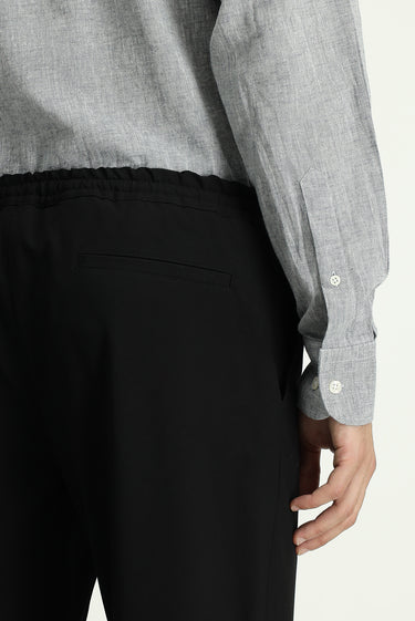 Siyah Slim Fit Dar Kesim Likralı Beli Lastikli İpli Klasik Kumaş Pantolon