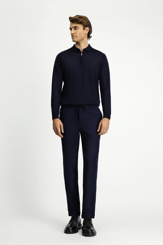  Koyu Lacivert Slim Fit Dar Kesim Likralı Beli Lastikli İpli Klasik Kumaş Pantolon