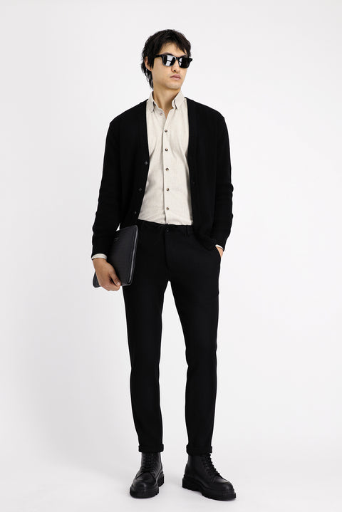 Siyah 7 Drop Slim Fit Dar Kesim Beli Lastikli İpli Likralı Klasik Kumaş Pantolon