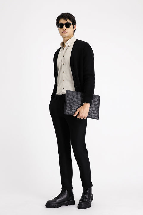 Siyah 7 Drop Slim Fit Dar Kesim Beli Lastikli İpli Likralı Klasik Kumaş Pantolon
