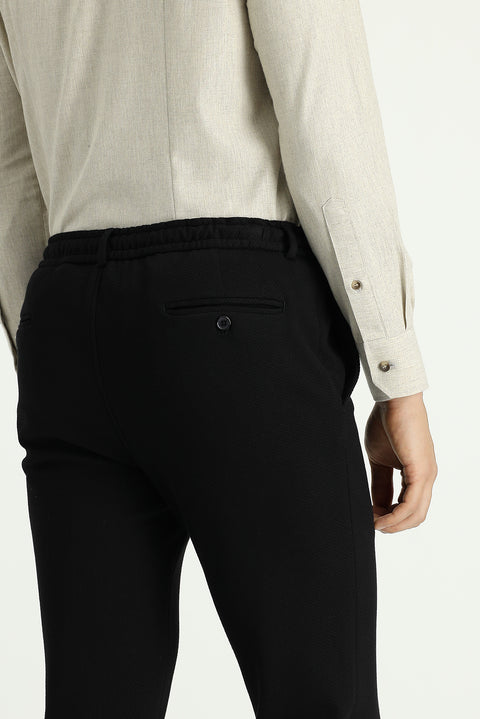 Siyah 7 Drop Slim Fit Dar Kesim Beli Lastikli İpli Likralı Klasik Kumaş Pantolon