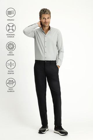  Siyah Techno-Line Slim Fit Dar Kesim Likralı Klasik Kumaş Pantolon