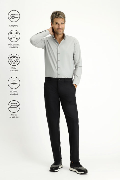Siyah Techno-Line 7 Drop Slim Fit Dar Kesim Likralı Klasik Kumaş Pantolon