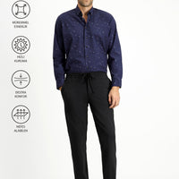 Siyah Techno-Line Slim Fit Dar Kesim Likralı Beli Lastikli İpli Klasik Kumaş Pantolon