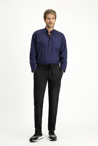  Siyah Techno-Line Slim Fit Dar Kesim Likralı Beli Lastikli İpli Klasik Kumaş Pantolon