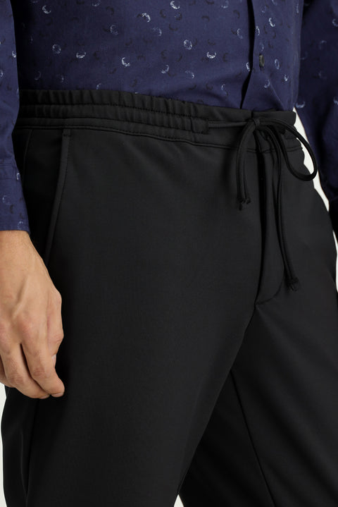 Siyah Techno-Line 7 Drop Slim Fit Dar Kesim Likralı Beli Lastikli İpli Klasik Kumaş Pantolon