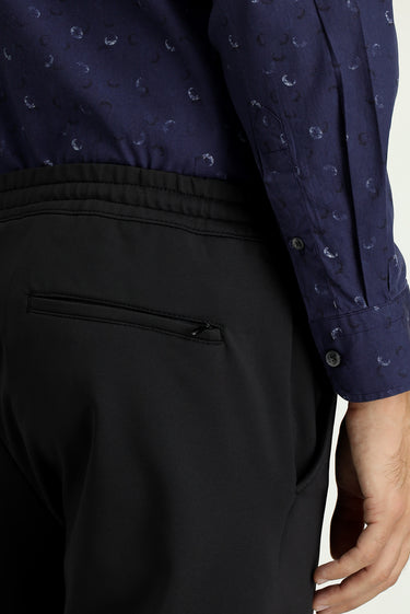 Siyah Techno-Line Slim Fit Dar Kesim Likralı Beli Lastikli İpli Klasik Kumaş Pantolon
