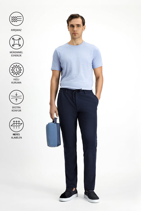 Koyu Lacivert Techno-Line 7 Drop Super Slim Fit Eksra Dar Kesim Likralı Beli Lastikli İpli Klasik Kumaş Pantolon