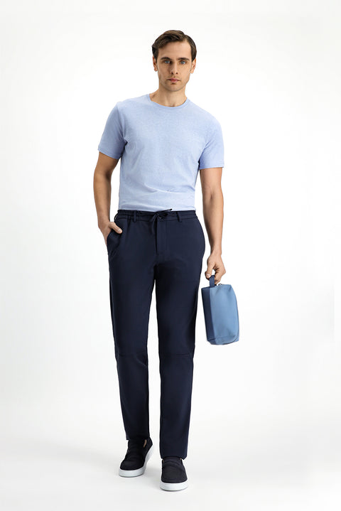 Koyu Lacivert Techno-Line 7 Drop Super Slim Fit Eksra Dar Kesim Likralı Beli Lastikli İpli Klasik Kumaş Pantolon