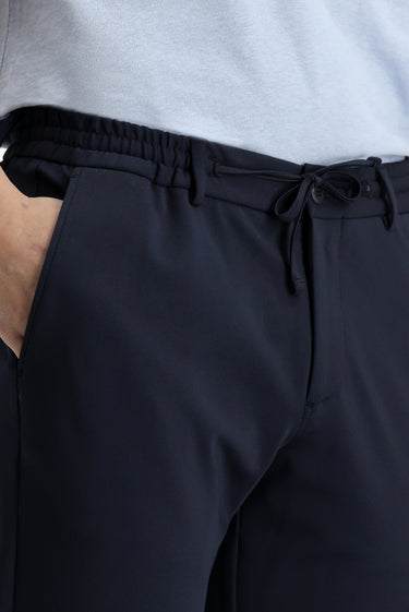 Koyu Lacivert Techno-Line Super Slim Fit Ekstra Dar Kesim Likralı Beli Lastikli İpli Klasik Kumaş Pantolon