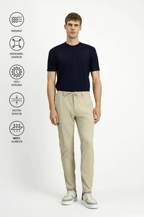 Orta Bej Techno-Line 7 Drop Super Slim Fit Eksra Dar Kesim Likralı Beli Lastikli İpli Klasik Kumaş Pantolon