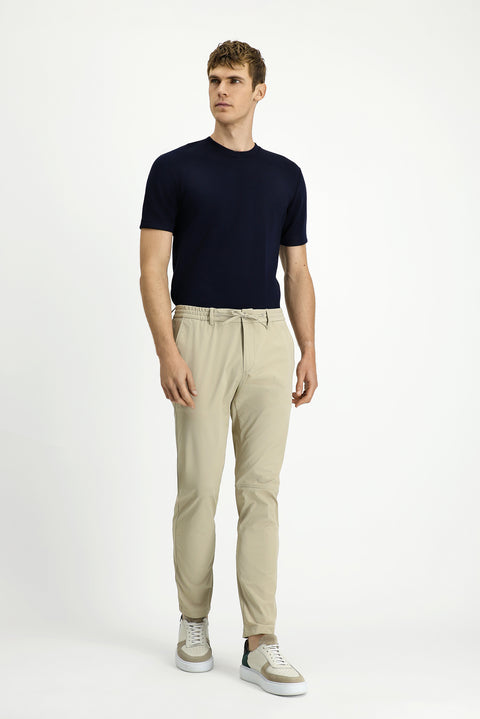 Orta Bej Techno-Line 7 Drop Super Slim Fit Eksra Dar Kesim Likralı Beli Lastikli İpli Klasik Kumaş Pantolon