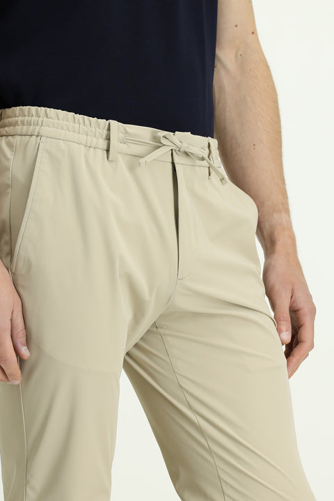 Orta Bej Techno-Line 7 Drop Super Slim Fit Eksra Dar Kesim Likralı Beli Lastikli İpli Klasik Kumaş Pantolon