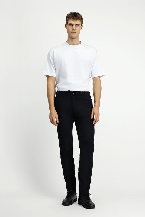 Siyah 7 Drop Slim Fit Dar Kesim Beli Lastikli İpli Klasik Kumaş Pantolon
