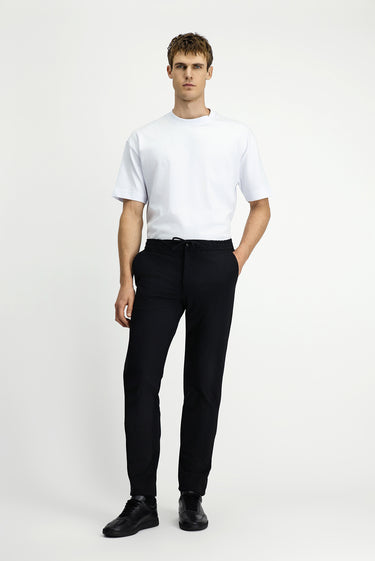 Siyah Slim Fit Dar Kesim Beli Lastikli İpli Klasik Kumaş Pantolon